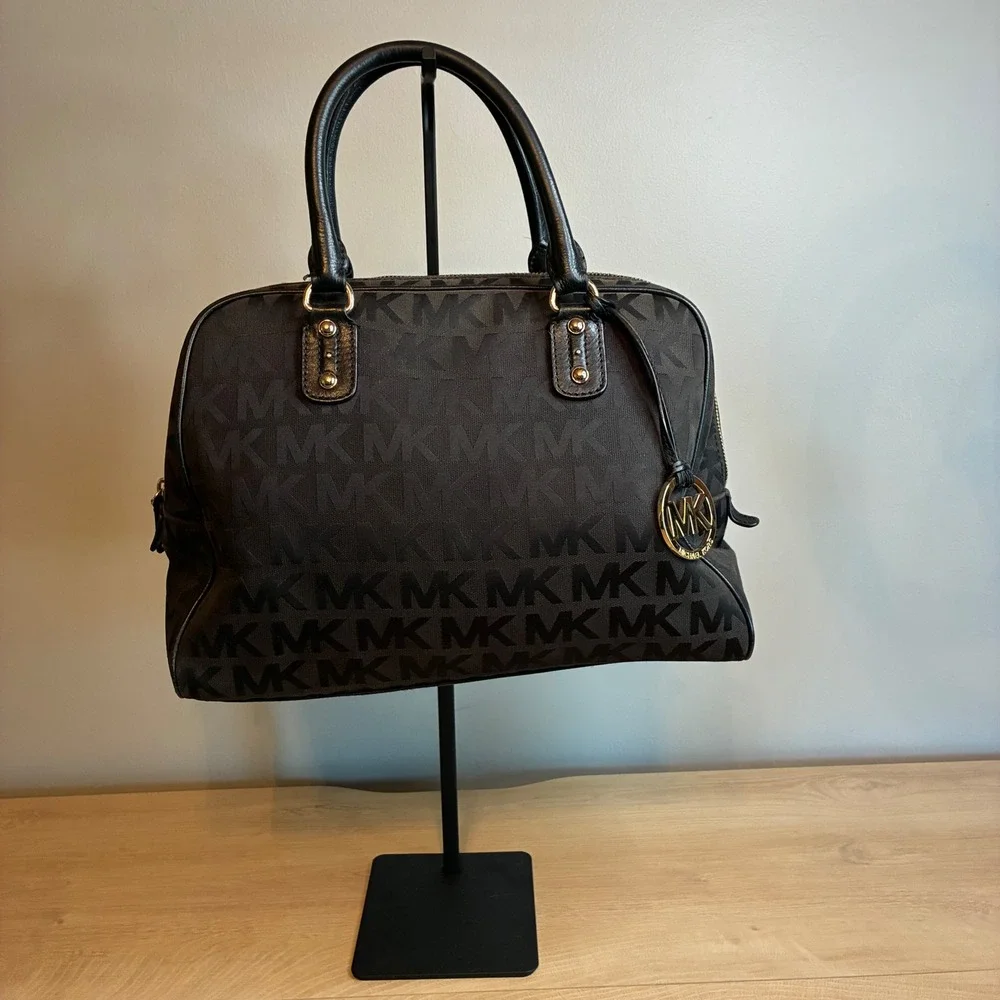Michael Kors Grayson Black Monogram Jacquard Satchel Crossbody Bag Gold Hardware